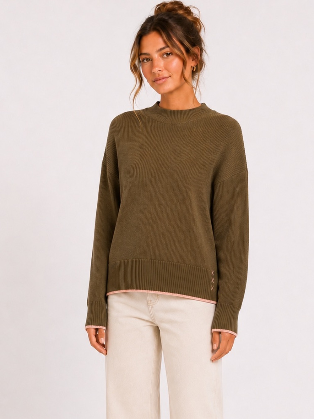 Scotch & Soda Olive Green Ribbed Mock Neck Sweater Pink Trim L